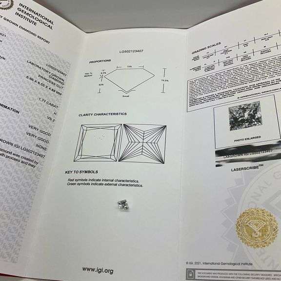 CERTIFIED 1.77 CARAT PRINCESS CUT LAB GROWN DIAMOND