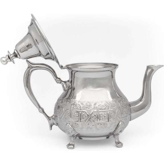 Hand-Carved Moroccan Brass Silver-Plated Teapot