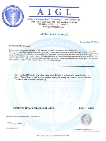 18kt White gold 1.72ctw faceted fancy yellow with 0.61ctw white diamond butterfly ring