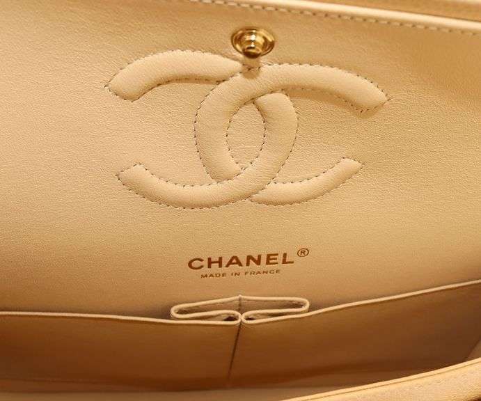 CHANEL, Beige Caviar Quilted Double Flap Bag W/ Box