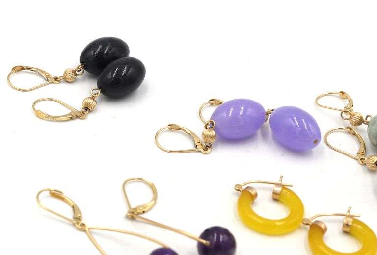 5 Pairs of 14kt Yellow gold Jade earrings