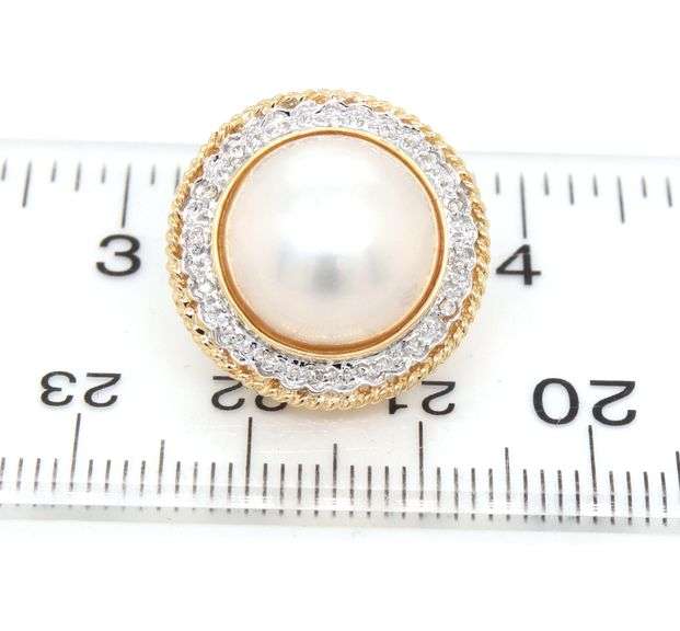14kt Yellow gold 12-12.5mm Mabe pearl and diamond accent halo omega back earrings