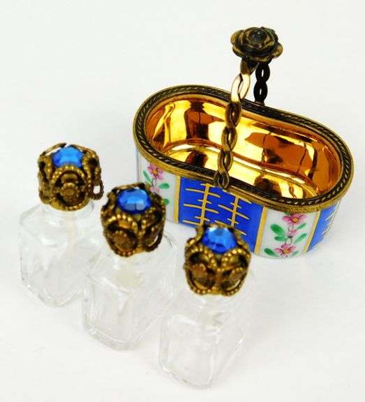 French Limoges Basket of 3 Miniature Perfume Bottles