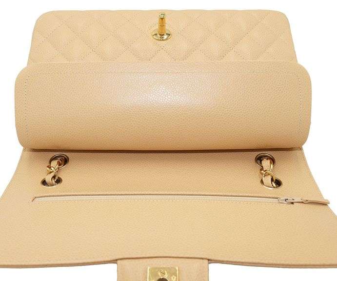 CHANEL, Beige Caviar Quilted Double Flap Bag W/ Box