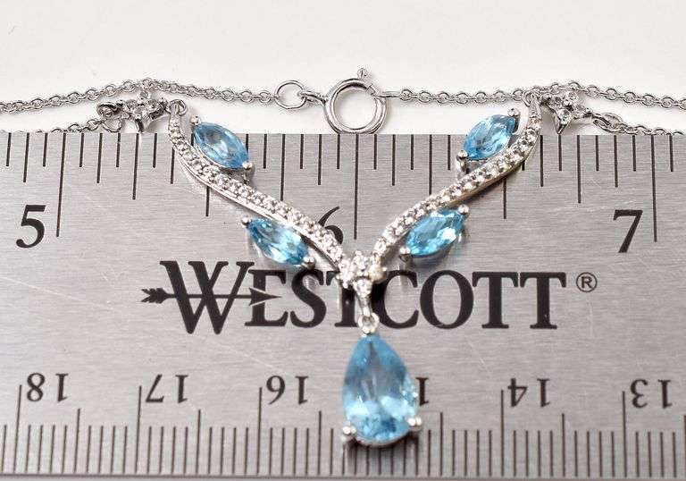 Blue Topaz and CZ Gemstone Pendant Necklace in Sterling Silver