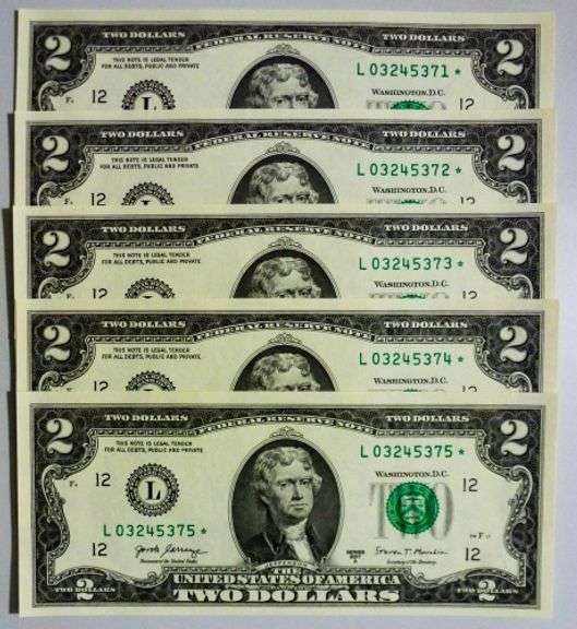 (5) Superb Crisp 2017A $2 Dollar Star Replacement Notes San Francisco Consecutive!