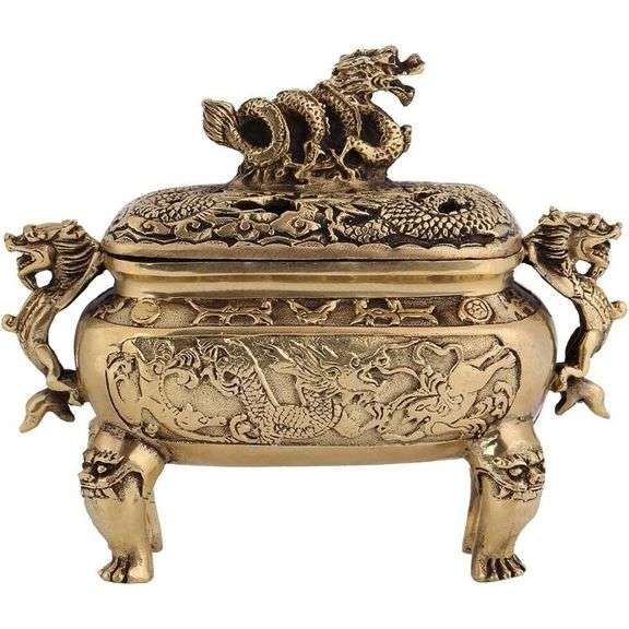 Bronze Copper Chinese Dragon Incense Burner with Lid