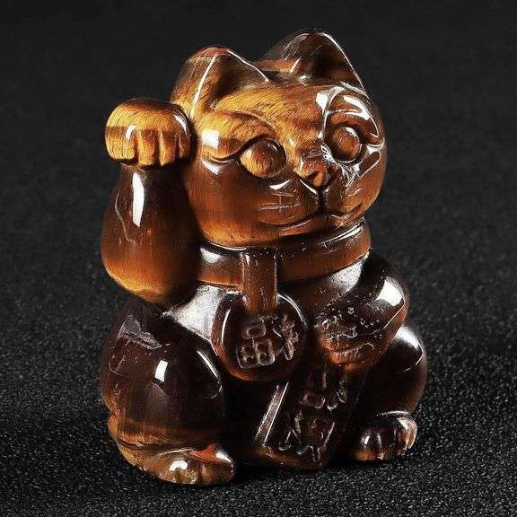 Hand Carved Tiger Eye Crystal Maneki Neko Lucky Fortune Cat