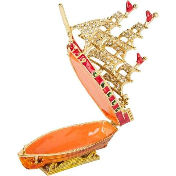 Hand-Painted Ship with Rhinestones Trinket Box