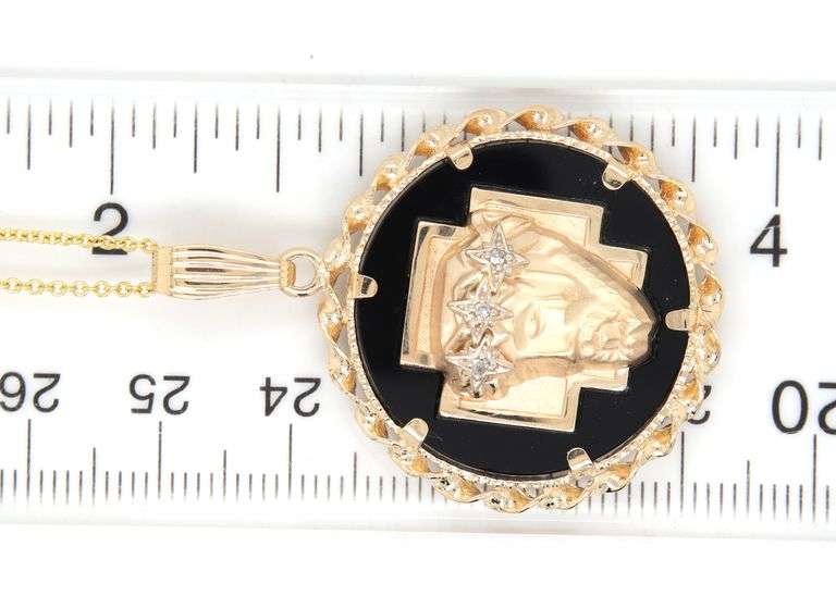 14kt Yellow gold Christ head round black onyx and diamond braided twisted pendant on chain