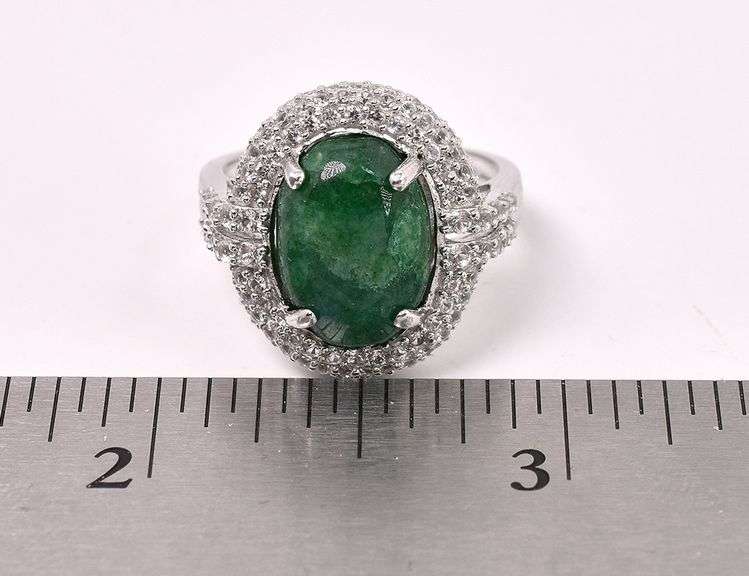 Darling 6.50CTS Oval Cabochon-Cut Natural Emerald & White Sapphire Sterling Sliver ring