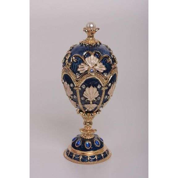 24K Gold Plated Blue Faberge Egg Music Trinket Box with Pearl