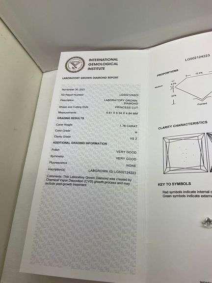 CERTIFIED 1.78 CARAT PRINCESS CUT LAB GROWN DIAMOND
