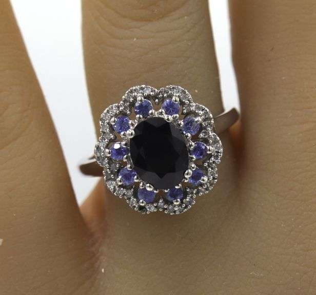 14kt White gold oval sapphire, Tanzanite and diamond filigree ring