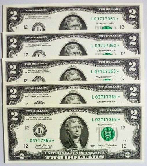 (5) Superb Crisp 2017A $2 Dollar Star Replacement Notes San Francisco Consecutive!