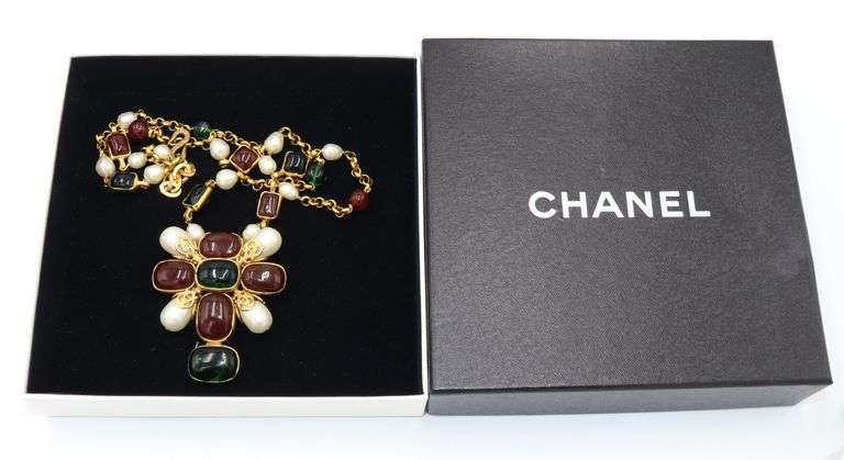 Chanel Byzantine Cross Gripoix and Pearl Station Pendant Necklace W/Box