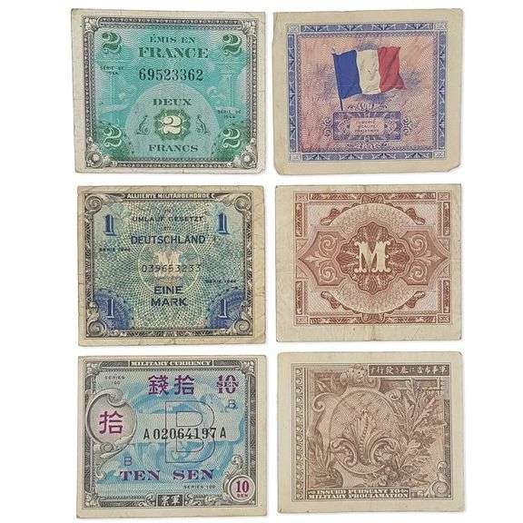 WWII Authentic Allied Military Currency Banknotes w/ COA