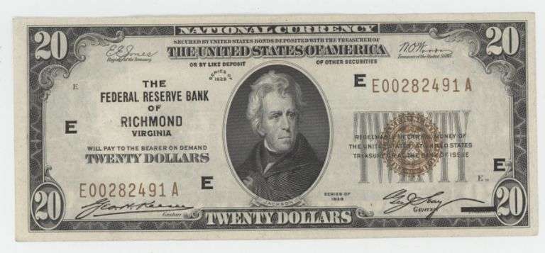 High end 1929 Series $20 National Currency Note of Richmond, VA (E)
