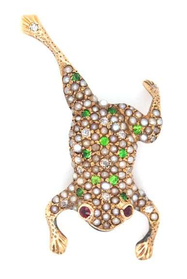 10kt Yellow gold Tsavorite and seed pearl frog pin