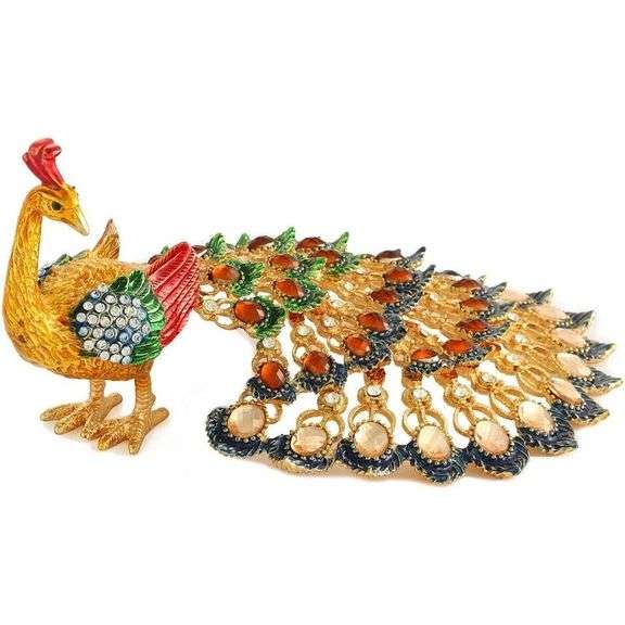 Hand-Painted Rhinestone Peacock Trinket Box