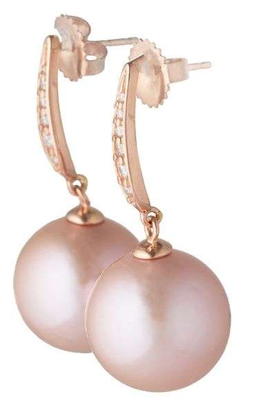 Na Hoku 14.5MM Pink Pearl and 0.20ctw Diamond Drop Earrings in 14K