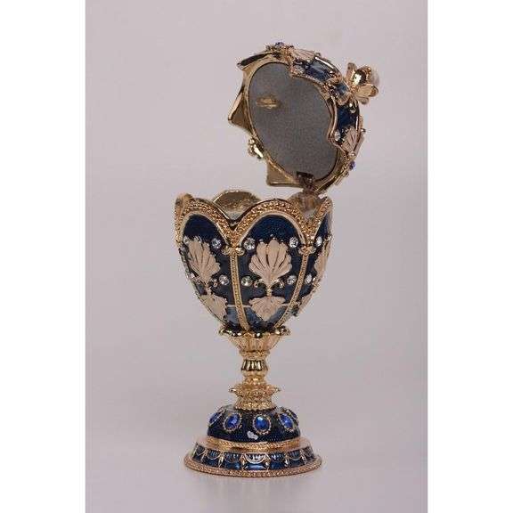 24K Gold Plated Blue Faberge Egg Music Trinket Box with Pearl