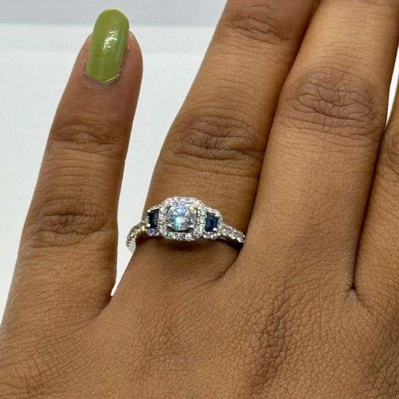 14K White Gold Round Brilliant Cut Diamond and Sapphire Engagement Ring