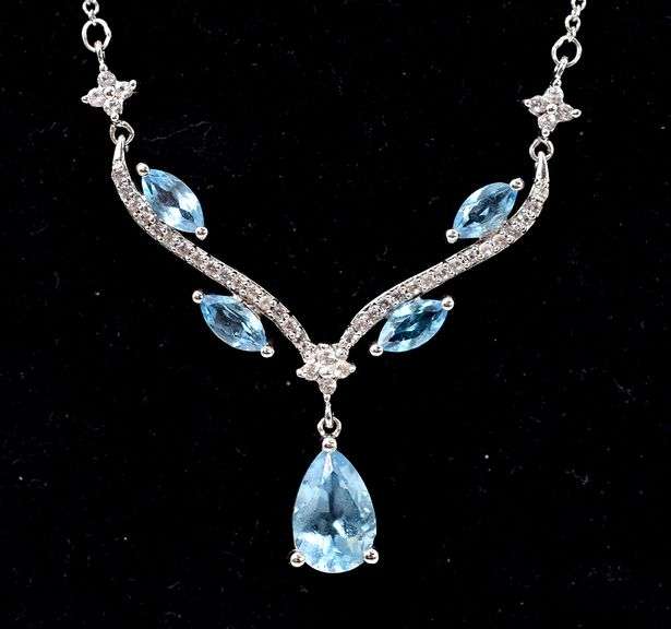 Blue Topaz and CZ Gemstone Pendant Necklace in Sterling Silver