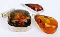 3 Big Chunky Vintage Amber Sterling Silver Pendants