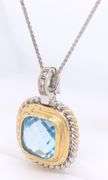14kt Two Tone Gold Blue Topaz Square Cable Classic Pendant on White Gold Chain Necklace