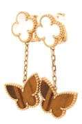 18kt Yellow gold mother of pearl motif and tiger eye butterfly dangle earrings