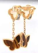 18kt Yellow gold mother of pearl motif and tiger eye butterfly dangle earrings