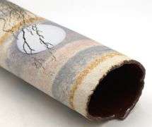 Vintage Alan Steinburg slab pottery vase with imprints and soft postel colors