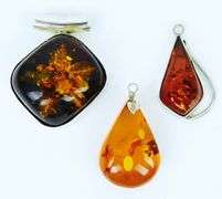 3 Big Chunky Vintage Amber Sterling Silver Pendants