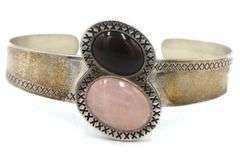 Vintage 925 sterling silver signed rose quartz and tiger eye cuff bangle