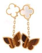 18kt Yellow gold mother of pearl motif and tiger eye butterfly dangle earrings
