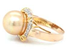 14kt Yellow gold 11-12mm Golden south sea pearl and diamond accent halo ring