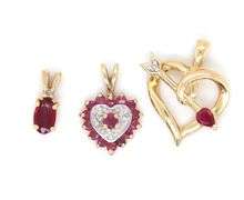 Trio of 14K YG Ruby and Diamond Pendants