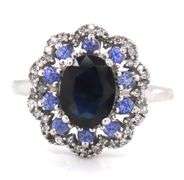14kt White gold oval sapphire, Tanzanite and diamond filigree ring