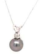 14kt White gold 8.5mm Grey pearl and diamond accent pendant on chain