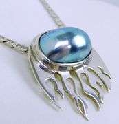 Stunning Sterling & Big Mabe Blue Pearl Pendant & Chain