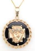 14kt Yellow gold Christ head round black onyx and diamond braided twisted pendant on chain