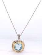 14kt Two Tone Gold Blue Topaz Square Cable Classic Pendant on White Gold Chain Necklace