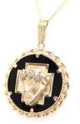 14kt Yellow gold Christ head round black onyx and diamond braided twisted pendant on chain