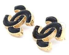 Chanel metal enamel CC earrings black gold
