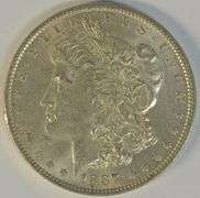 Frosty-white BU 1887-O Morgan Silver Dollar. Semi-key date