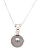 14kt White gold 8.5mm Grey pearl and diamond accent pendant on chain