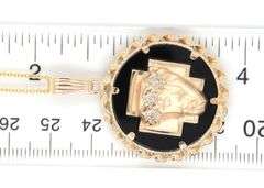 14kt Yellow gold Christ head round black onyx and diamond braided twisted pendant on chain