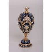 24K Gold Plated Blue Faberge Egg Music Trinket Box with Pearl