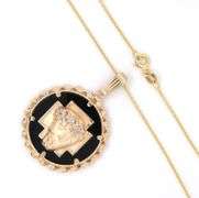 14kt Yellow gold Christ head round black onyx and diamond braided twisted pendant on chain
